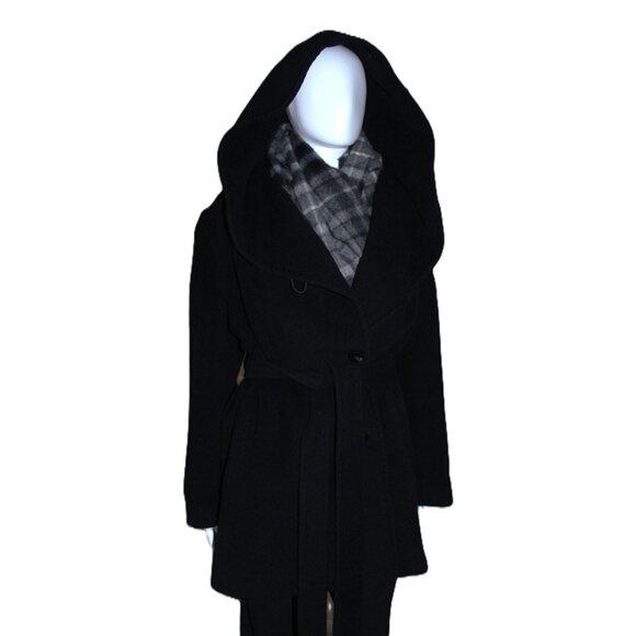 ELLEN TRACY Wool/Angora Belted & Hooded Midi Wrap Coat in Black (Large) - Picture 9 of 13